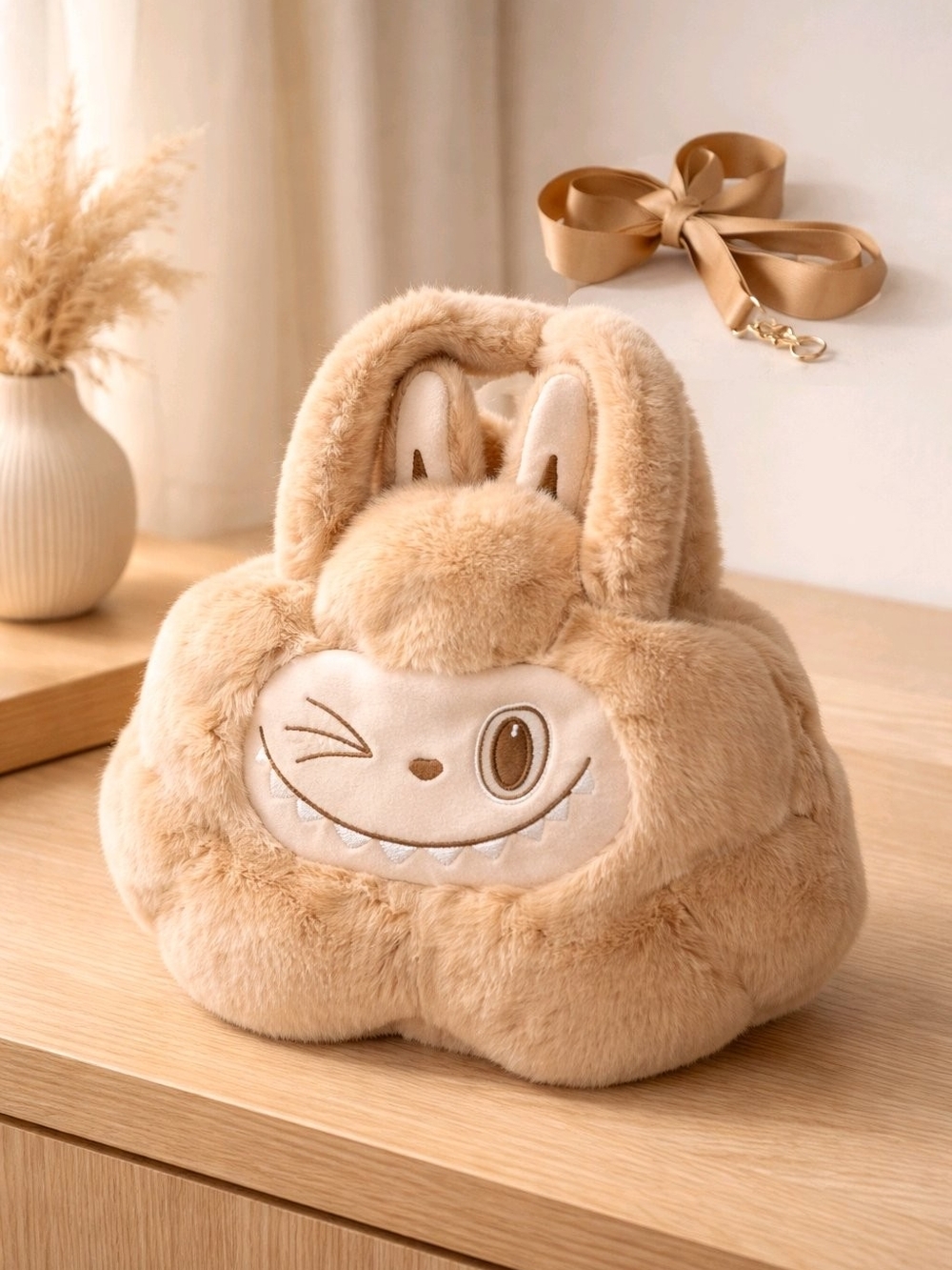 Fluffy Generic Labu  Bunny Face Plush Handbag in Beige